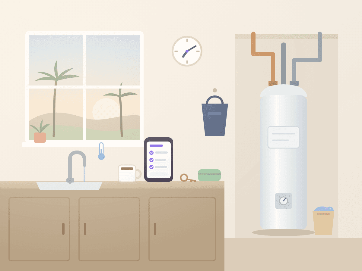Illustration of a busy Riverside household on a weekday morning: a tank water heater that stopped producing hot water, with coffee, keys, and a phone showing the plan on the counter.