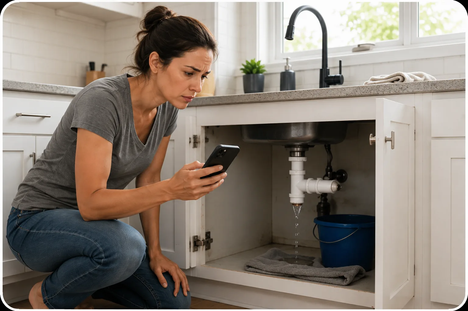 Homeowner checking a kitchen sink leak with a phone