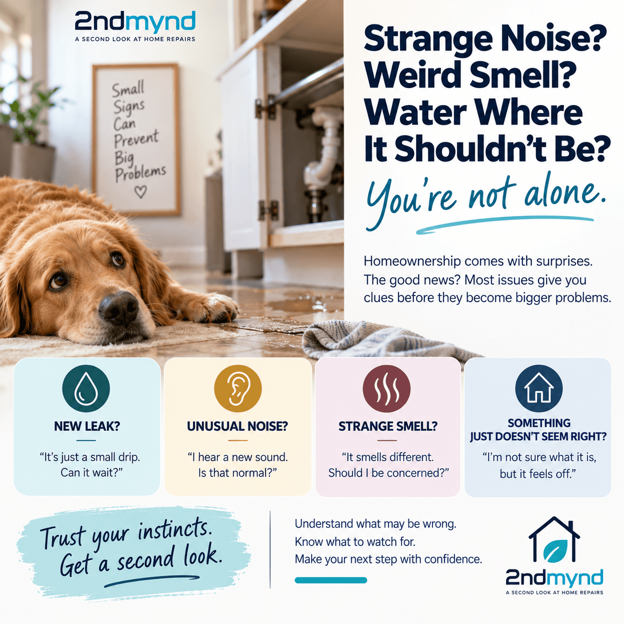 Home repair graphic showing leaks, unusual sounds, odors, and other signs to describe to a contractor